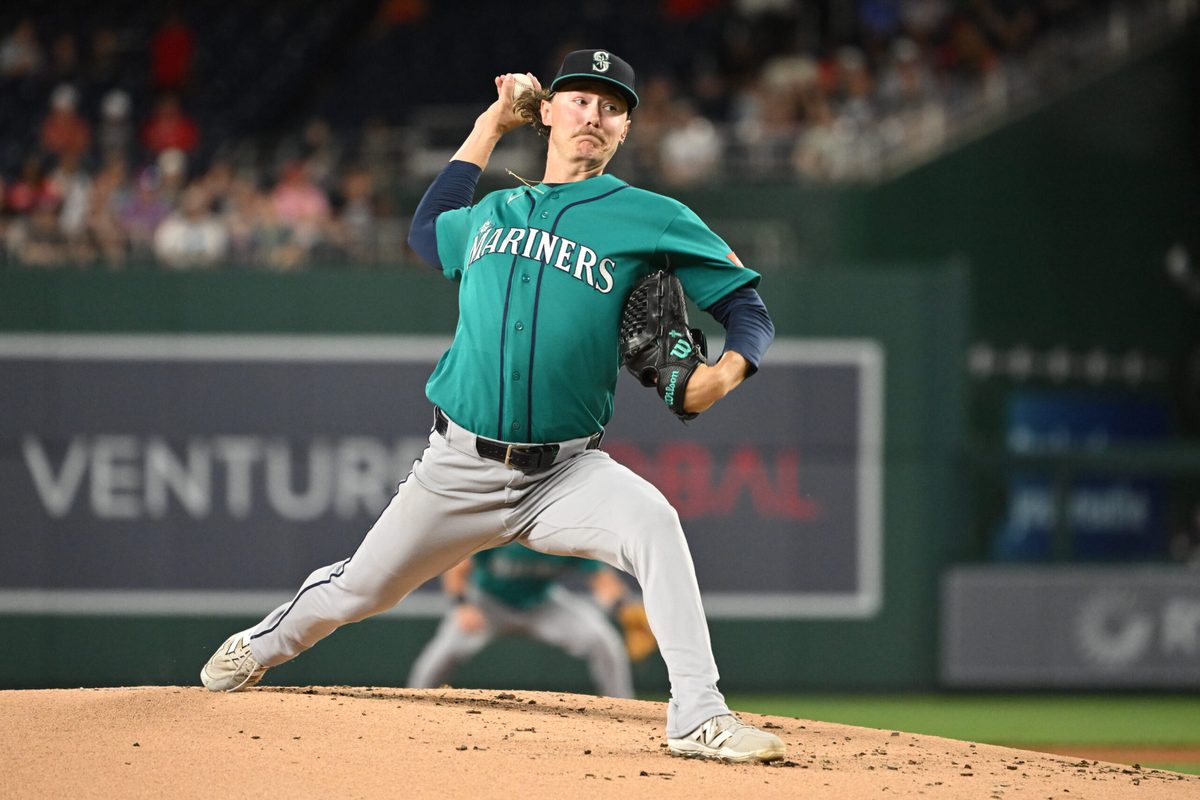Jun 12, 2026; Washington, District of Columbia, USA;  Seattle Mariners pitcher Bryce Miller (50) throws a pitch against the Washington Nationals during the first inning at Nationals Park. Mandatory Credit: Rafael Suanes-Imagn Images