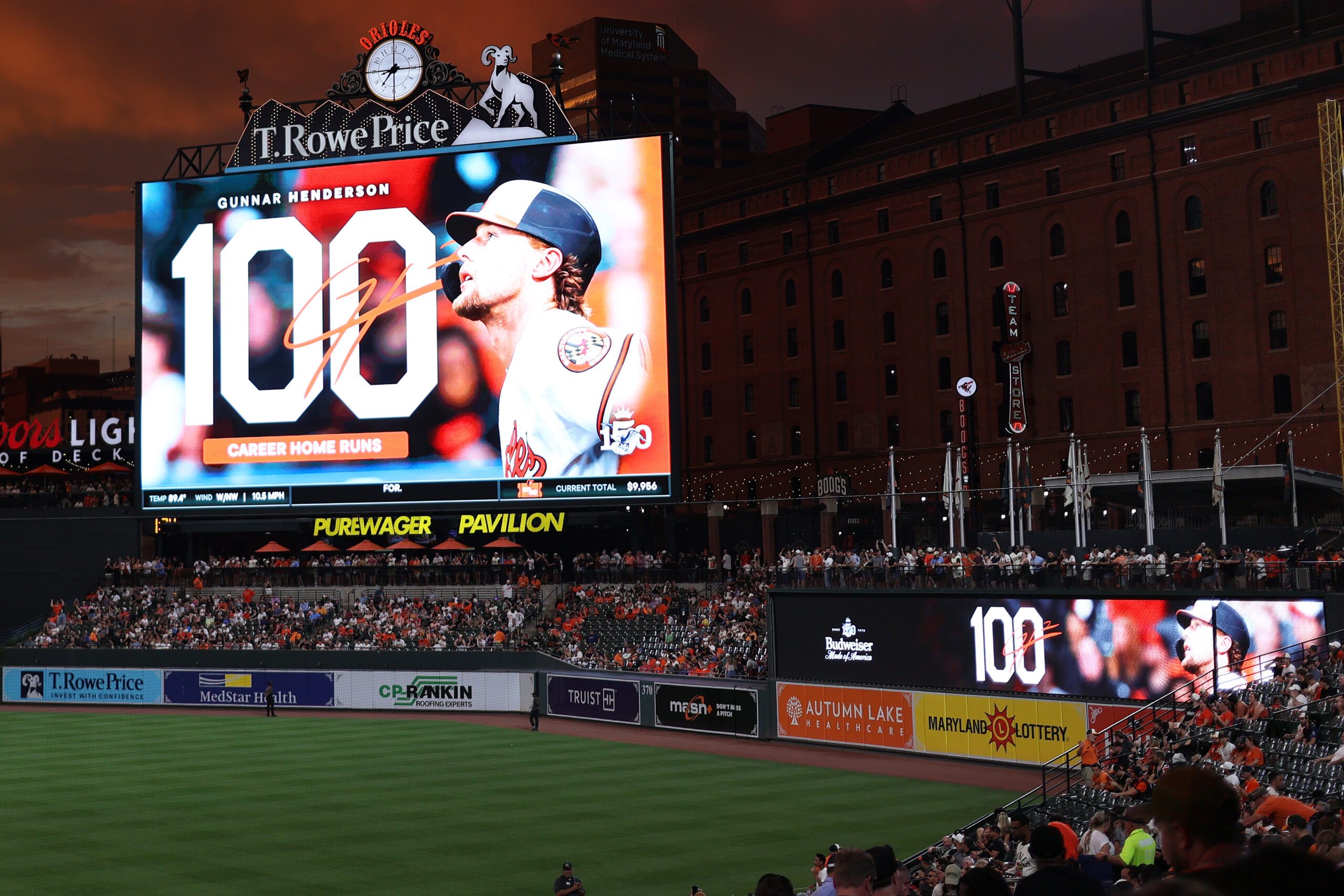 Jun 12, 2026; Baltimore, Maryland, USA; Baltimore Orioles shortstop Gunnar Henderson (2) hits his 100th career home run during the fourth inning against the San Diego Padres at Oriole Park at Camden Yards. Mandatory Credit: Daniel Kucin Jr.-Imagn Images