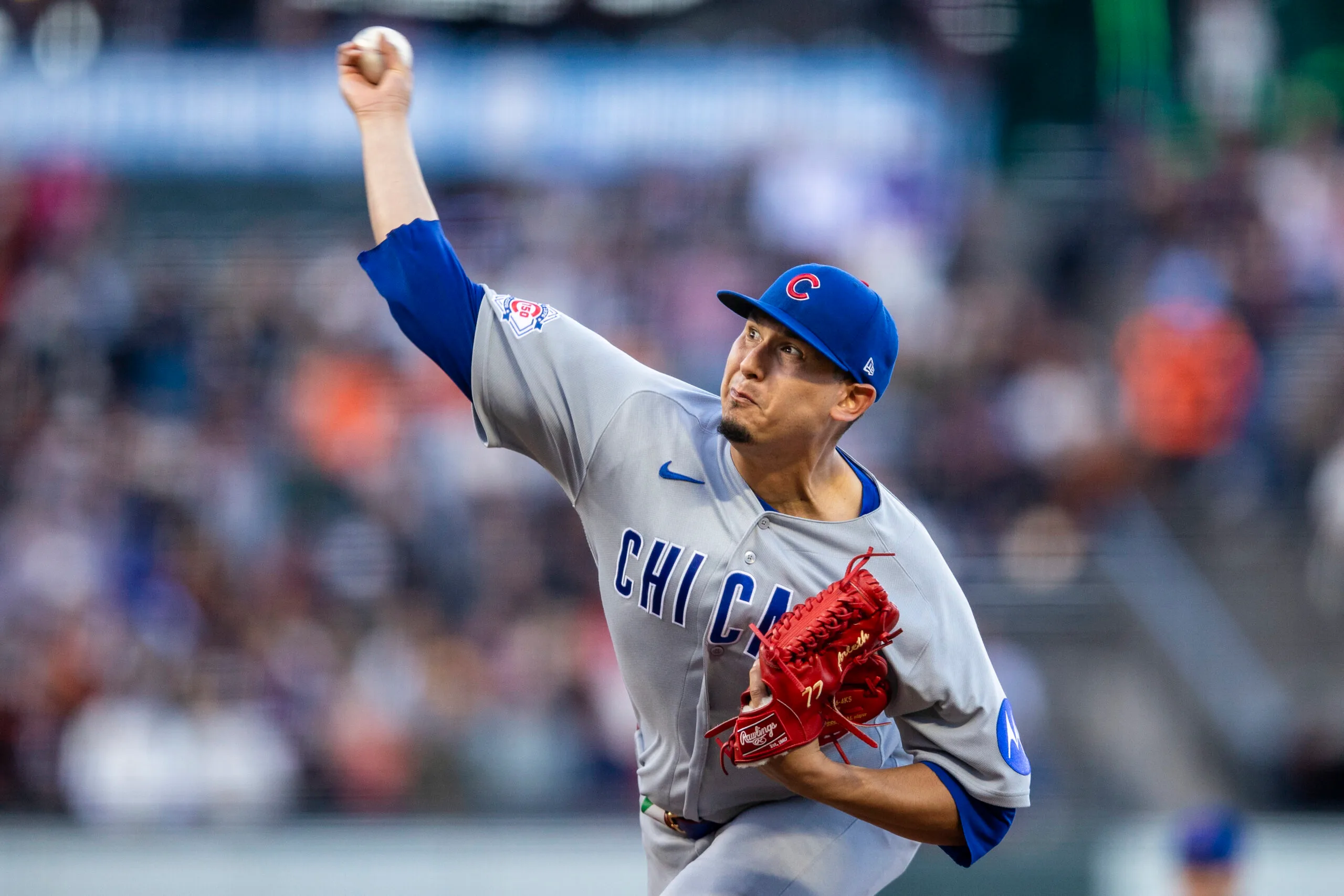 Jun 12, 2026; San Francisco, California, USA; Chicago Cubs starting pitcher Javier Assad (72) throws against the San Francisco Giants during the first inning at Oracle Park. Mandatory Credit: John Hefti-Imagn Images