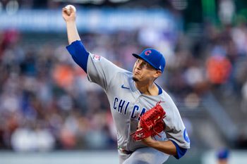 Jun 12, 2026; San Francisco, California, USA; Chicago Cubs starting pitcher Javier Assad (72) throws against the San Francisco Giants during the first inning at Oracle Park. Mandatory Credit: John Hefti-Imagn Images