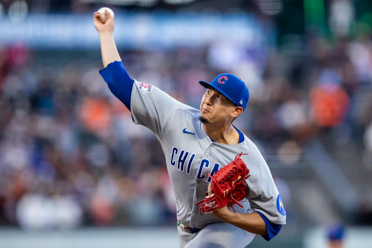 Jun 12, 2026; San Francisco, California, USA; Chicago Cubs starting pitcher Javier Assad (72) throws against the San Francisco Giants during the first inning at Oracle Park. Mandatory Credit: John Hefti-Imagn Images