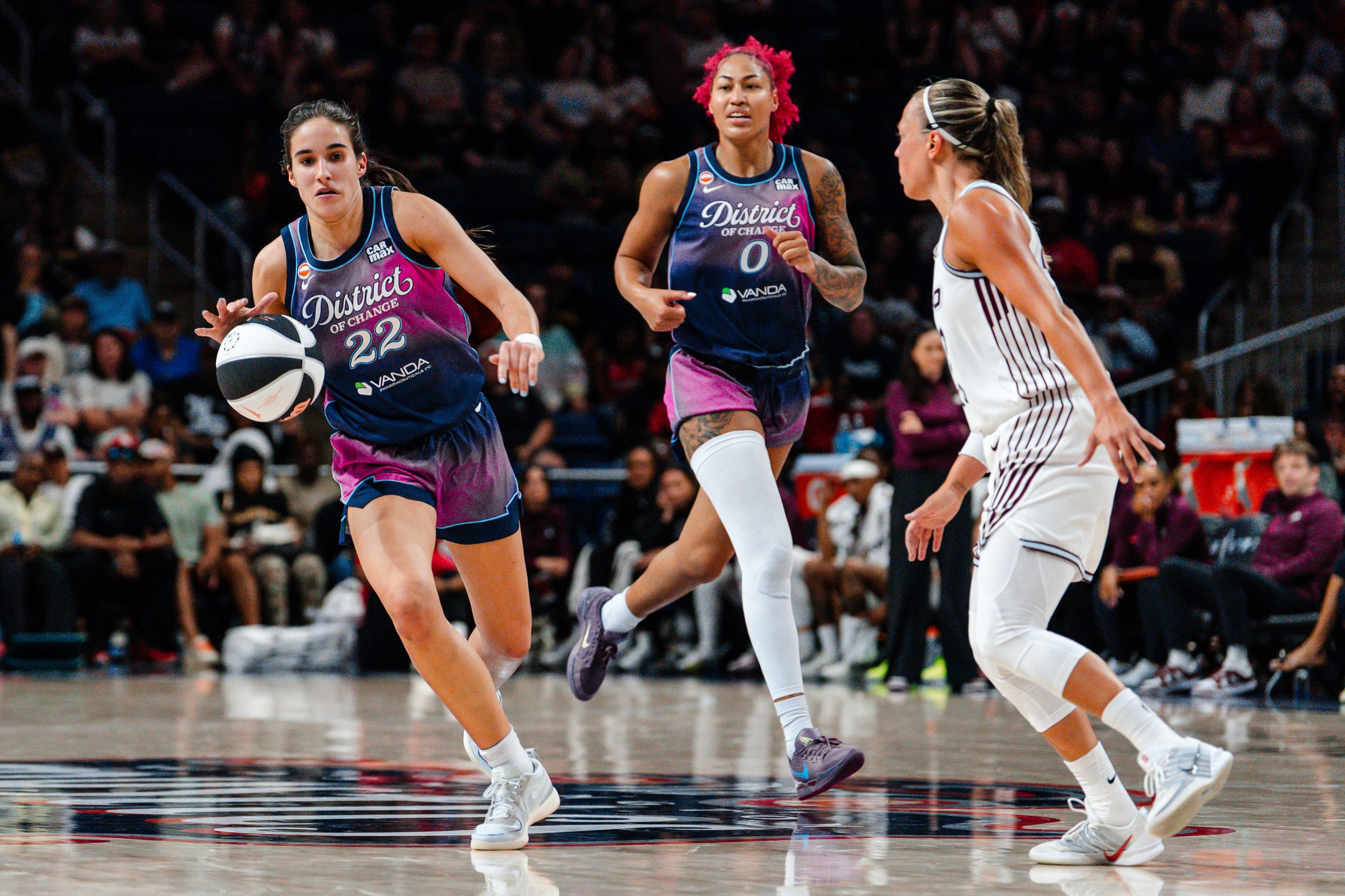 Jun 12, 2026; Washington, District of Columbia, USA; Washington Mystics guard Sonia Citron (22) dribbles the ball while Toronto Tempo guard Julie Allemand (22) defends during the second half at CareFirst Arena. Mandatory Credit: Emily Faith Morgan-Imagn Images