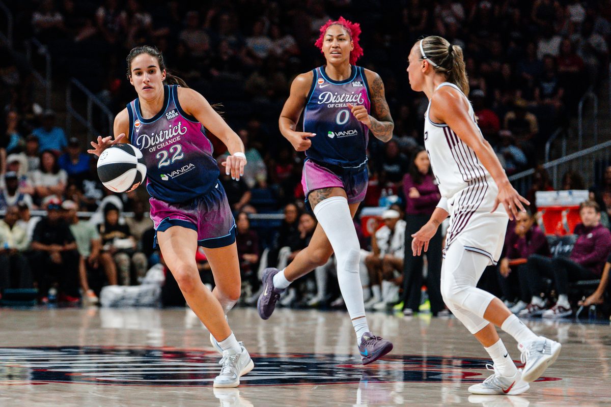 Jun 12, 2026; Washington, District of Columbia, USA; Washington Mystics guard Sonia Citron (22) dribbles the ball while Toronto Tempo guard Julie Allemand (22) defends during the second half at CareFirst Arena. Mandatory Credit: Emily Faith Morgan-Imagn Images