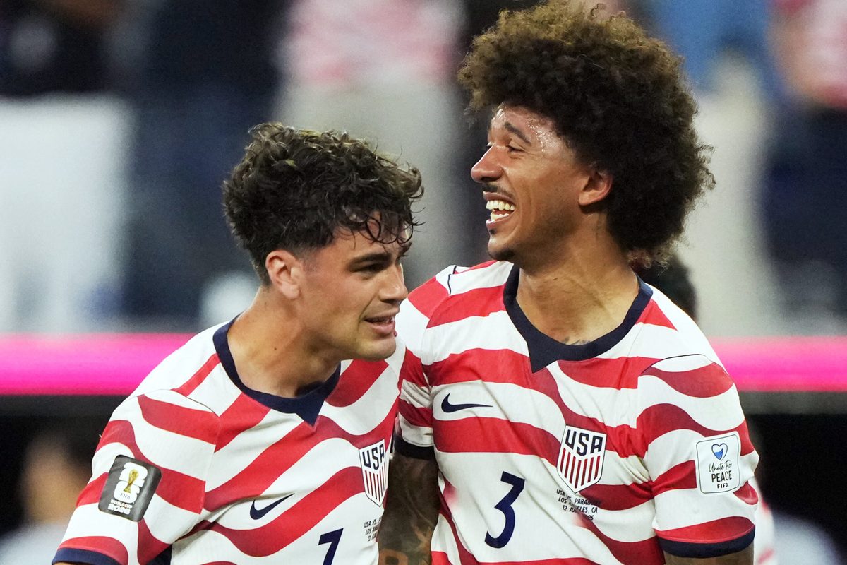 June 12, 2026; Inglewood, California, U.S.; Giovanni Reyna of the U.S. celebrates scoring their fourth goal with Chris Richards.  Mandatory Credit: Kirby Lee-Imagn Images