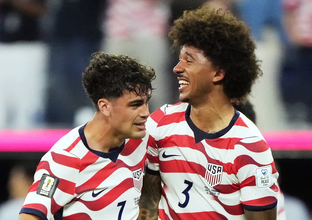 June 12, 2026; Inglewood, California, U.S.; Giovanni Reyna of the U.S. celebrates scoring their fourth goal with Chris Richards. Mandatory Credit: Kirby Lee-Imagn Images