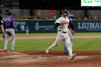 Jun 12, 2026; Summerlin, Nevada, USA; Athletics third baseman Max Muncy (3) scores during the eighth inning against the Colorado Rockies at the Las Vegas Ballpark. Mandatory Credit: Lucas Peltier-Imagn Images