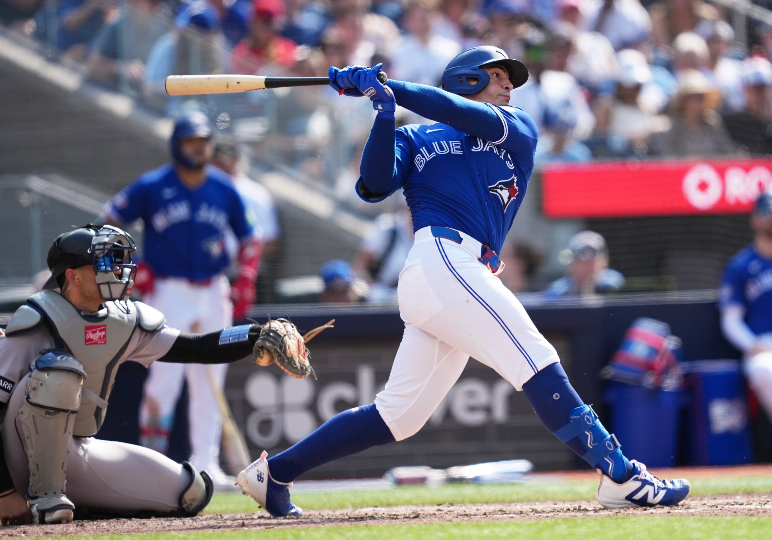 Jun 13, 2026; Toronto, Ontario, CAN; Toronto Blue Jays catcher Brandon Valenzuela (59) hits a single against the New York Yankees during the sixth inning at Rogers Centre. Mandatory Credit: Nick Turchiaro-Imagn Images