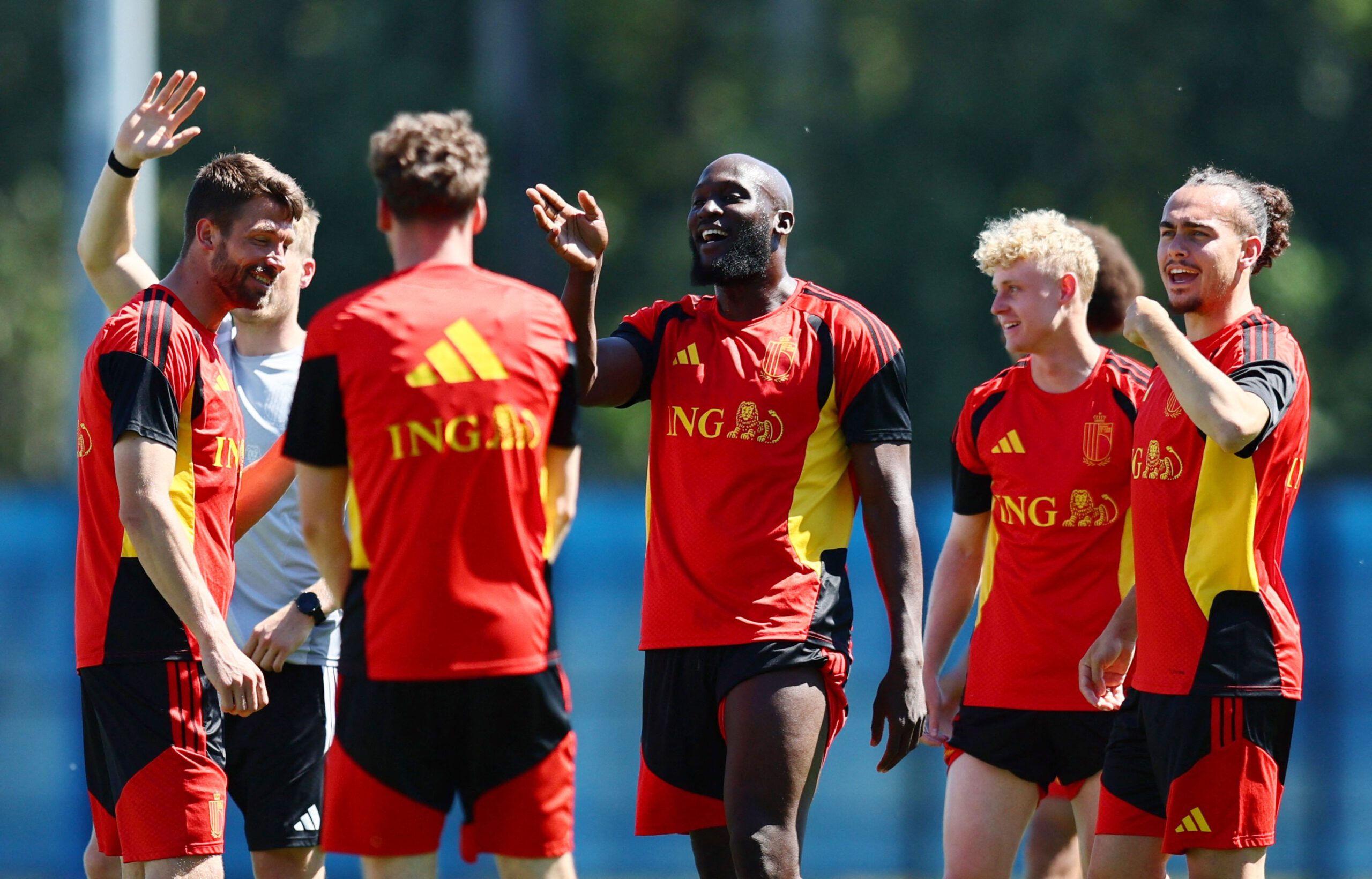 June 13, 2026; Renton, Washington, U.S.; Belgium's Romelu Lukaku, Brandon Mechele and Joaquin Seys with teammates during training. Mandatory Credit: Blake Dahlin-Imagn Images