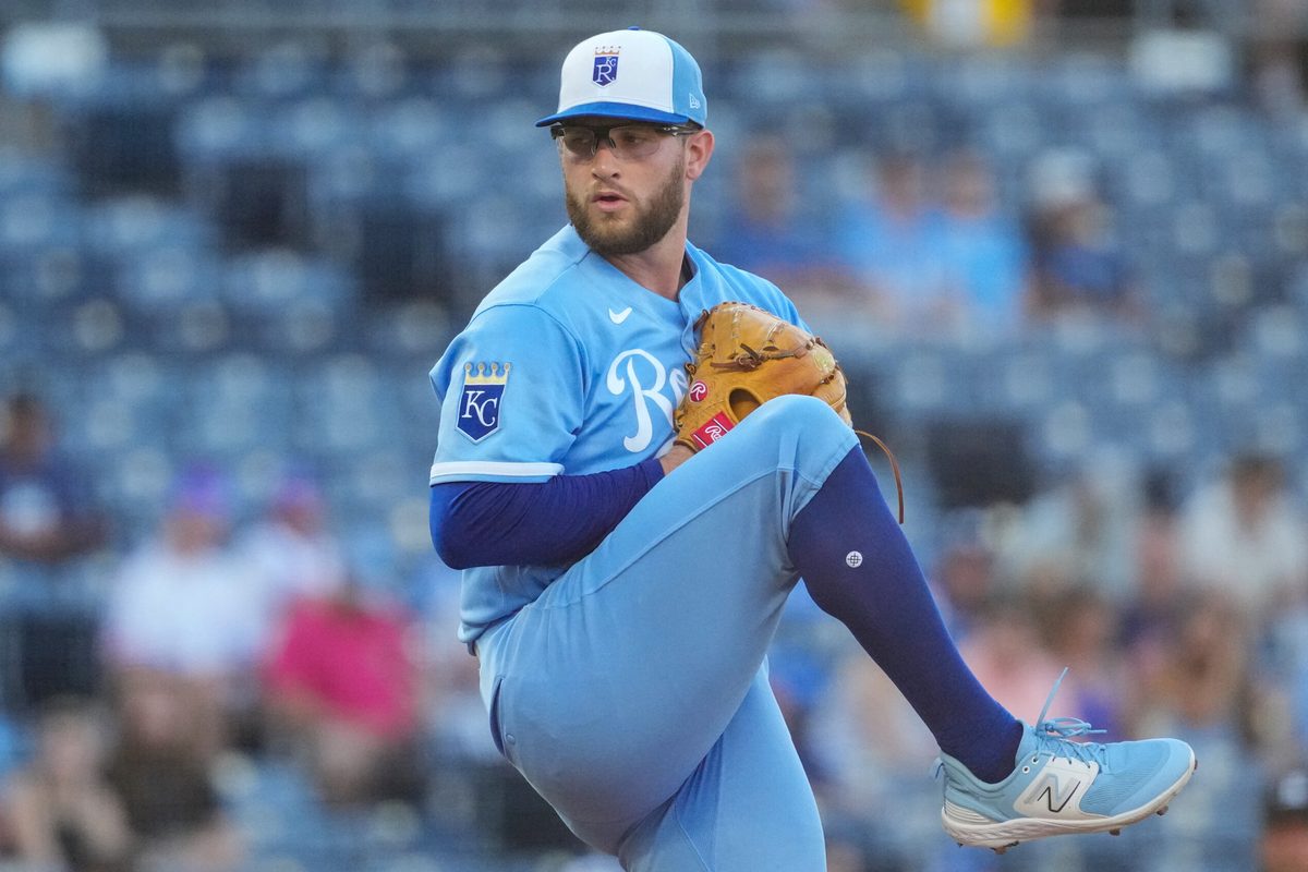 Jun 13, 2026; Kansas City, Missouri, USA; Kansas City Royals starting pitcher Noah Cameron (65) delivers a pitch against the Houston Astros during the firs inning at Kauffman Stadium. Mandatory Credit: Denny Medley-Imagn Images