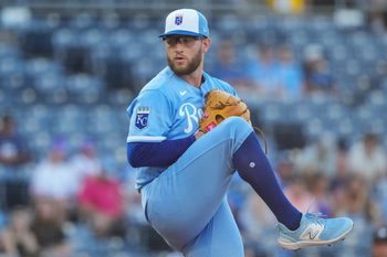 Jun 13, 2026; Kansas City, Missouri, USA; Kansas City Royals starting pitcher Noah Cameron (65) delivers a pitch against the Houston Astros during the firs inning at Kauffman Stadium. Mandatory Credit: Denny Medley-Imagn Images