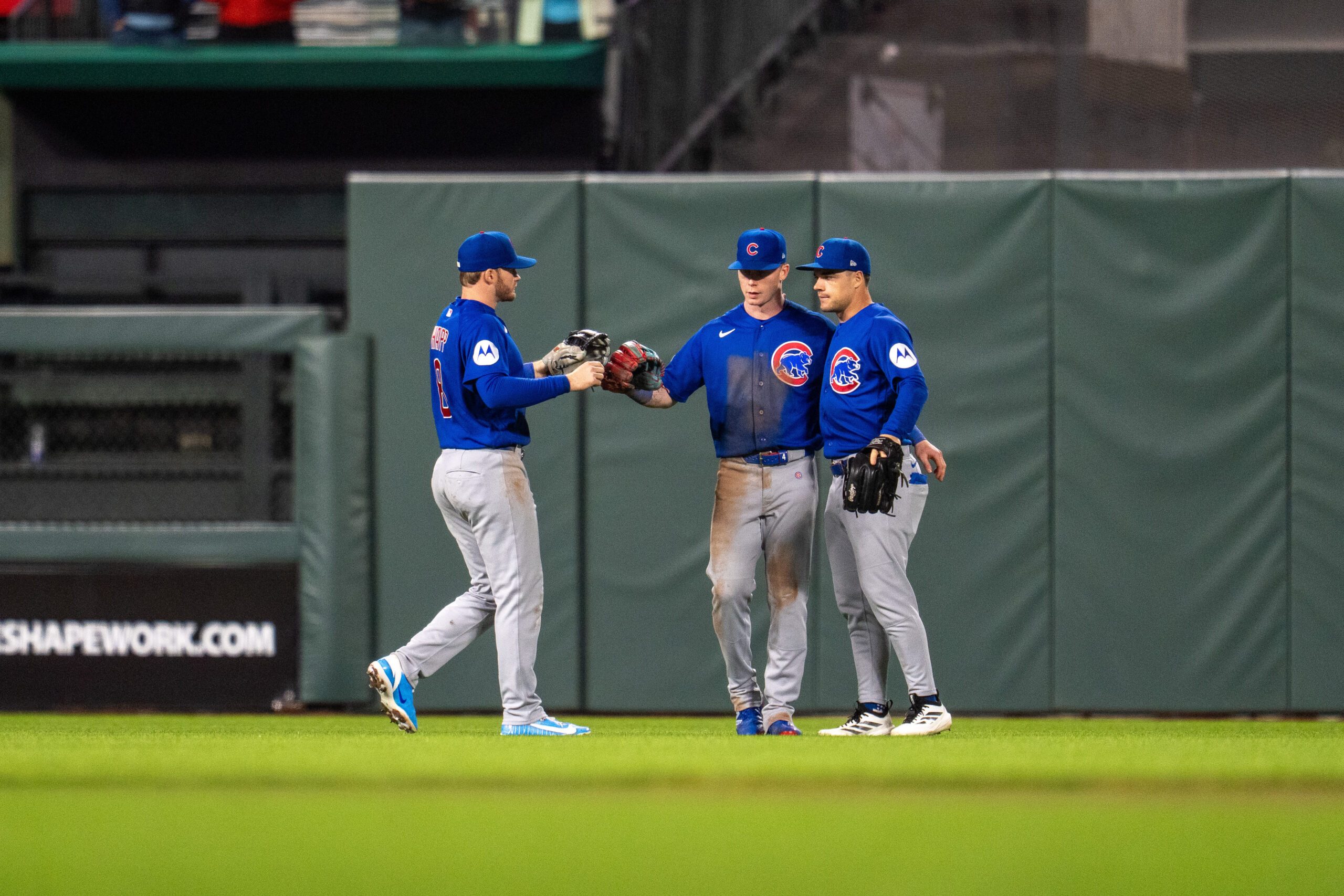 Jun 13, 2026; San Francisco, California, USA; Chicago Cubs center fielder Pete Crow-Armstrong (4) and Chicago Cubs left fielder Ian Happ (8) and Chicago Cubs right fielder Matt Shaw (6) celebrate after the game against the San Francisco Giants at Oracle Park. Mandatory Credit: Neville E. Guard-Imagn Images