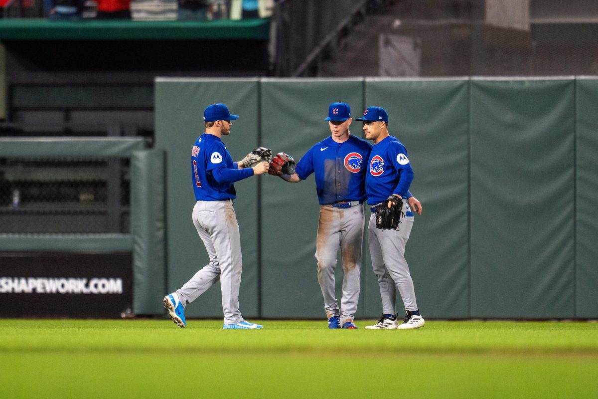 Jun 13, 2026; San Francisco, California, USA; Chicago Cubs center fielder Pete Crow-Armstrong (4) and Chicago Cubs left fielder Ian Happ (8) and Chicago Cubs right fielder Matt Shaw (6) celebrate after the game against the San Francisco Giants at Oracle Park. Mandatory Credit: Neville E. Guard-Imagn Images