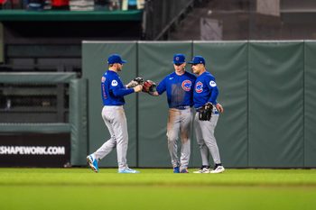 Jun 13, 2026; San Francisco, California, USA; Chicago Cubs center fielder Pete Crow-Armstrong (4) and Chicago Cubs left fielder Ian Happ (8) and Chicago Cubs right fielder Matt Shaw (6) celebrate after the game against the San Francisco Giants at Oracle Park. Mandatory Credit: Neville E. Guard-Imagn Images
