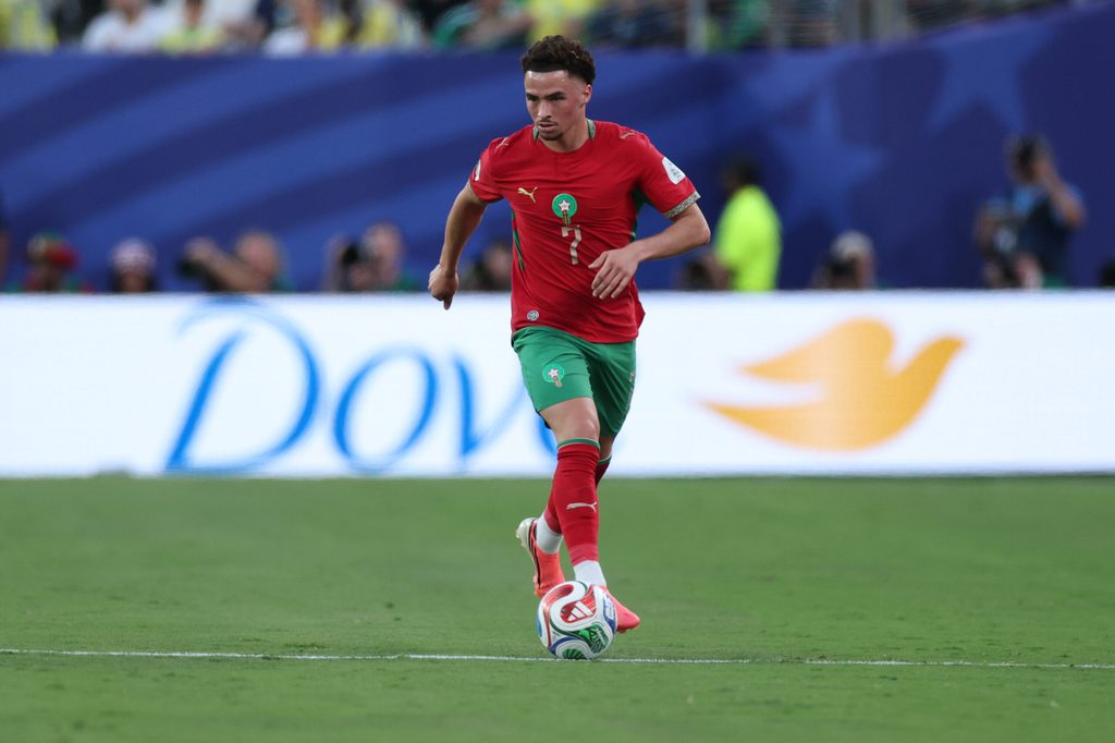 Jun 13, 2026; East Rutherford, New Jersey, USA; Morocco midfielder Chemsdine Talbi (7) controls the ball against Brazil during a Group C match of the 2026 FIFA World Cup at New York New Jersey Stadium. Mandatory Credit: Vincent Carchietta-Imagn Images