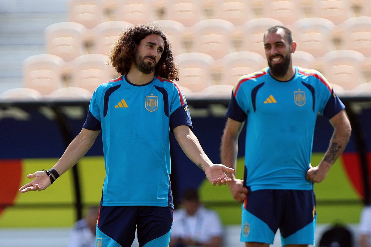 June 14, 2026; Kennesaw, Georgia, U.S.; Spain's Marc Cucurella and Borja Iglesias during training.  Mandatory Credit: Jordan Godfree-Imagn Images