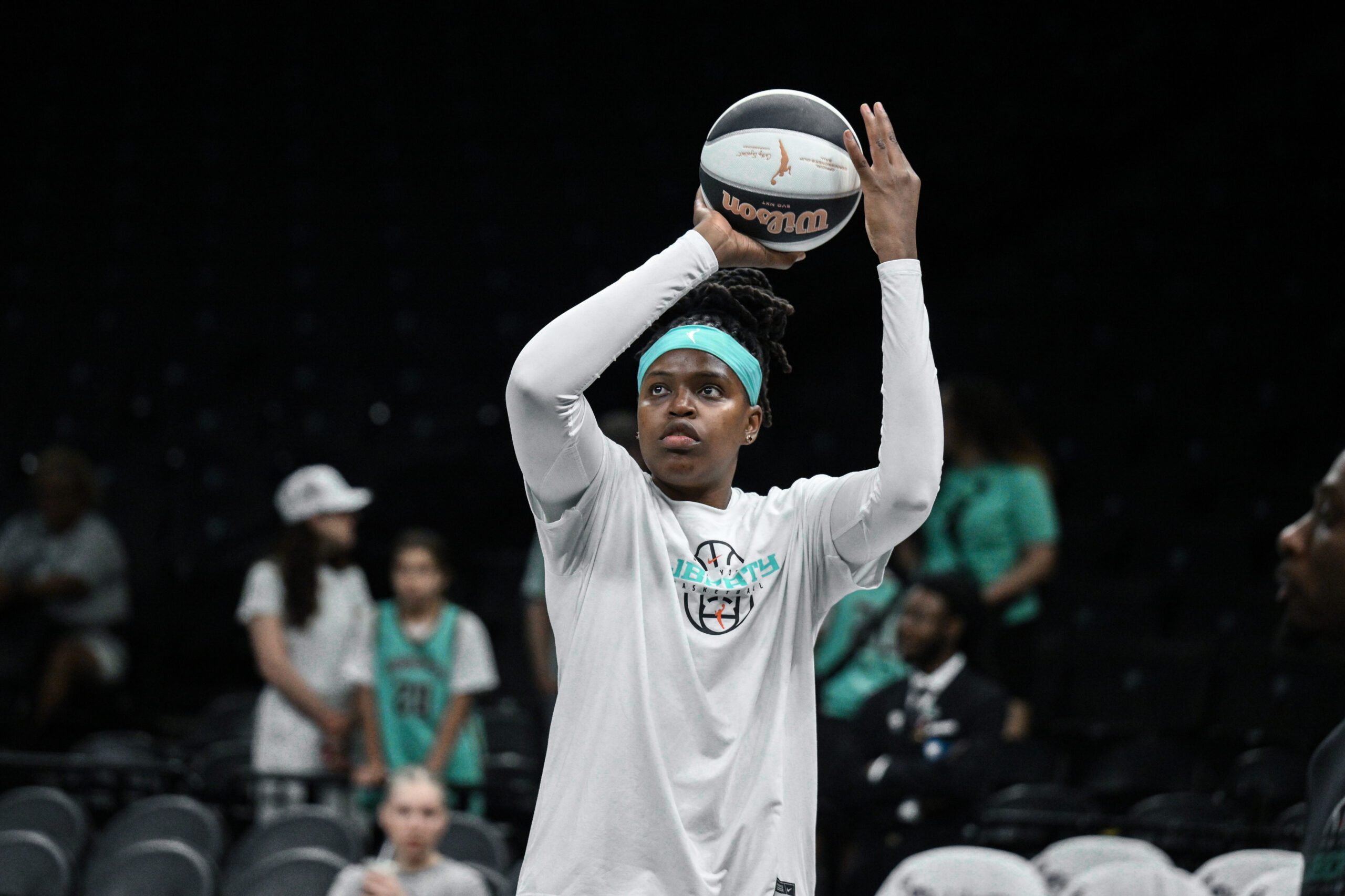 Jun 14, 2026; Brooklyn, New York, USA; New York Liberty center Jonquel Jones (35) warms up before a game against the Washington Mystics at Barclays Center. Mandatory Credit: John Jones-Imagn Images