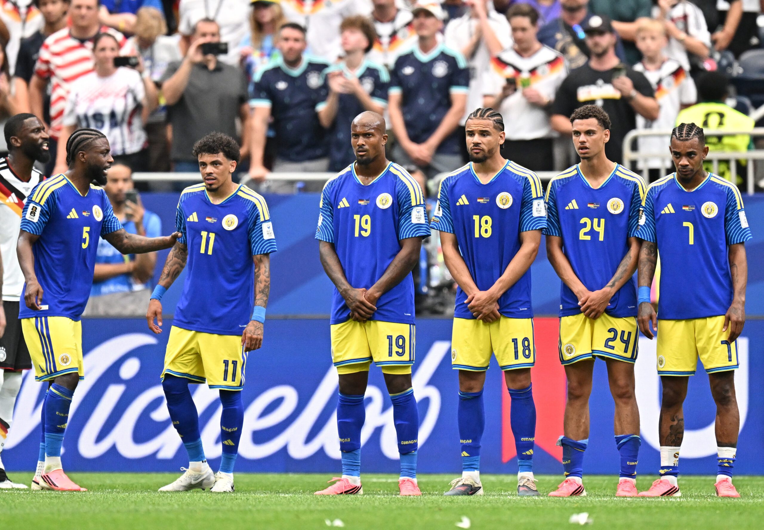 June 14, 2026; Houston, Texas, U.S.; Curacao's Sherel Floranus, Jeremy Antonisse, Gervane Kastaneer, Armando Obispo, Deveron Fonville and Juninho Bacuna.  Mandatory Credit: Maria Lysaker-Imagn Images