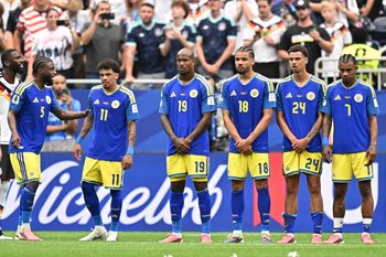 June 14, 2026; Houston, Texas, U.S.; Curacao's Sherel Floranus, Jeremy Antonisse, Gervane Kastaneer, Armando Obispo, Deveron Fonville and Juninho Bacuna.  Mandatory Credit: Maria Lysaker-Imagn Images