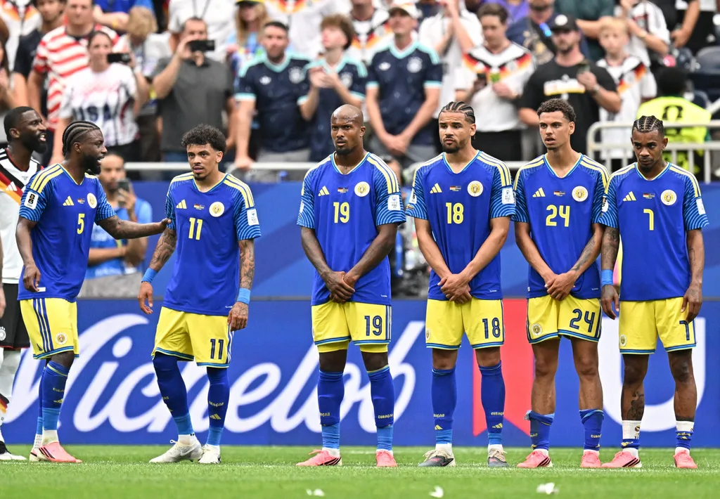June 14, 2026; Houston, Texas, U.S.; Curacao's Sherel Floranus, Jeremy Antonisse, Gervane Kastaneer, Armando Obispo, Deveron Fonville and Juninho Bacuna. Mandatory Credit: Maria Lysaker-Imagn Images