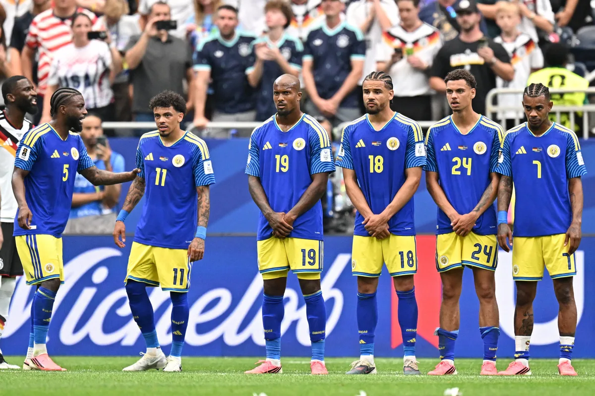 June 14, 2026; Houston, Texas, U.S.; Curacao's Sherel Floranus, Jeremy Antonisse, Gervane Kastaneer, Armando Obispo, Deveron Fonville and Juninho Bacuna. Mandatory Credit: Maria Lysaker-Imagn Images