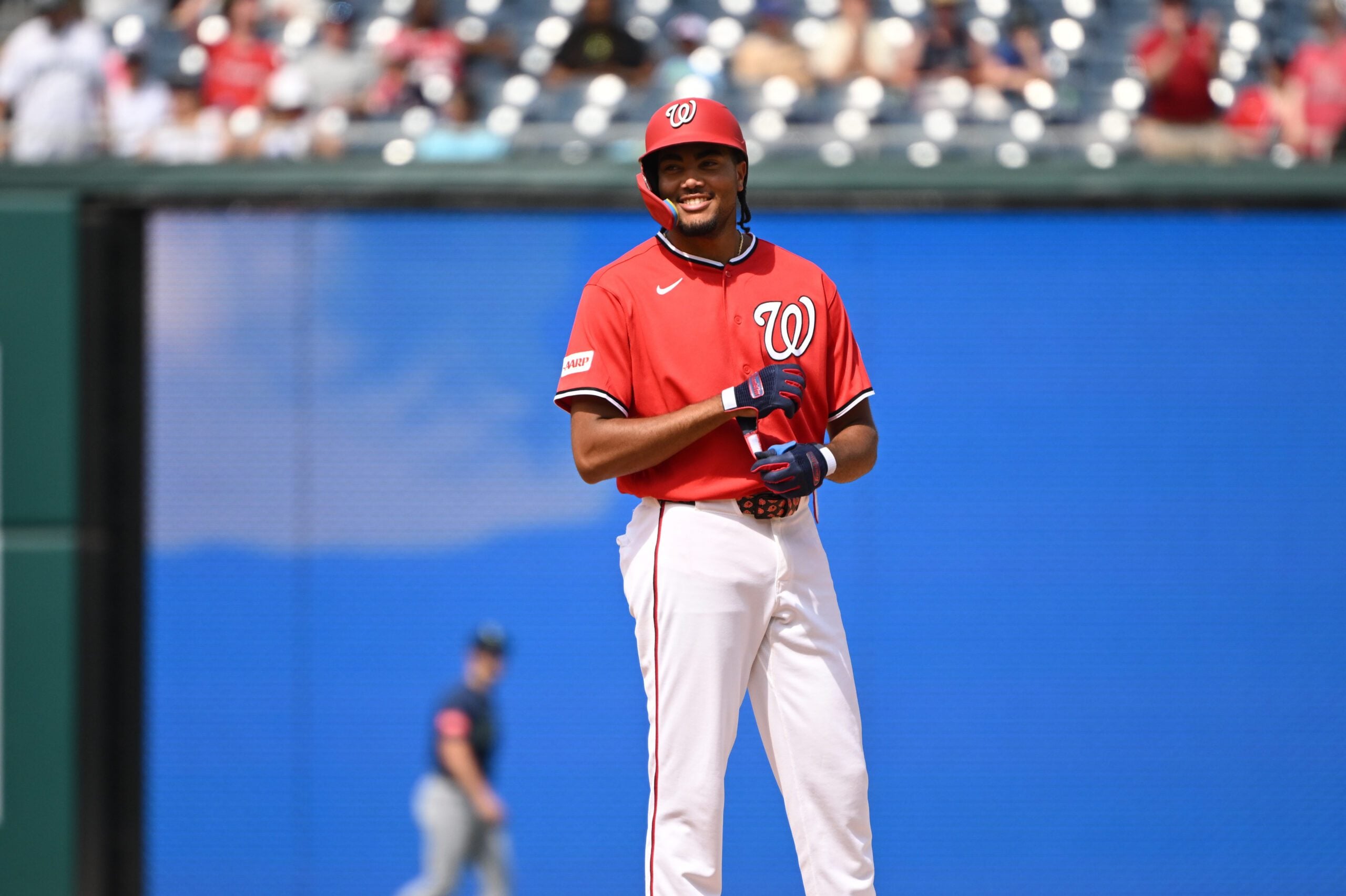 Jun 14, 2026; Washington, District of Columbia, USA; Washington Nationals right fielder James Wood (29) smiles while standing on second base after hitting a double against the Seattle Mariners during the eighth inning at Nationals Park. Mandatory Credit: Rafael Suanes-Imagn Images