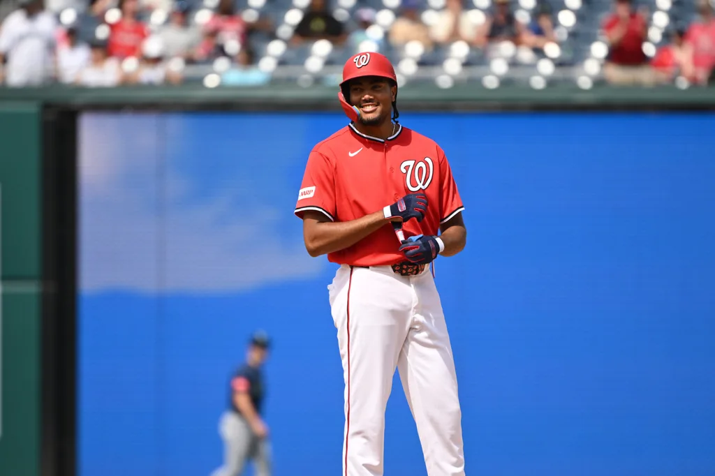 Jun 14, 2026; Washington, District of Columbia, USA; Washington Nationals right fielder James Wood (29) smiles while standing on second base after hitting a double against the Seattle Mariners during the eighth inning at Nationals Park. Mandatory Credit: Rafael Suanes-Imagn Images
