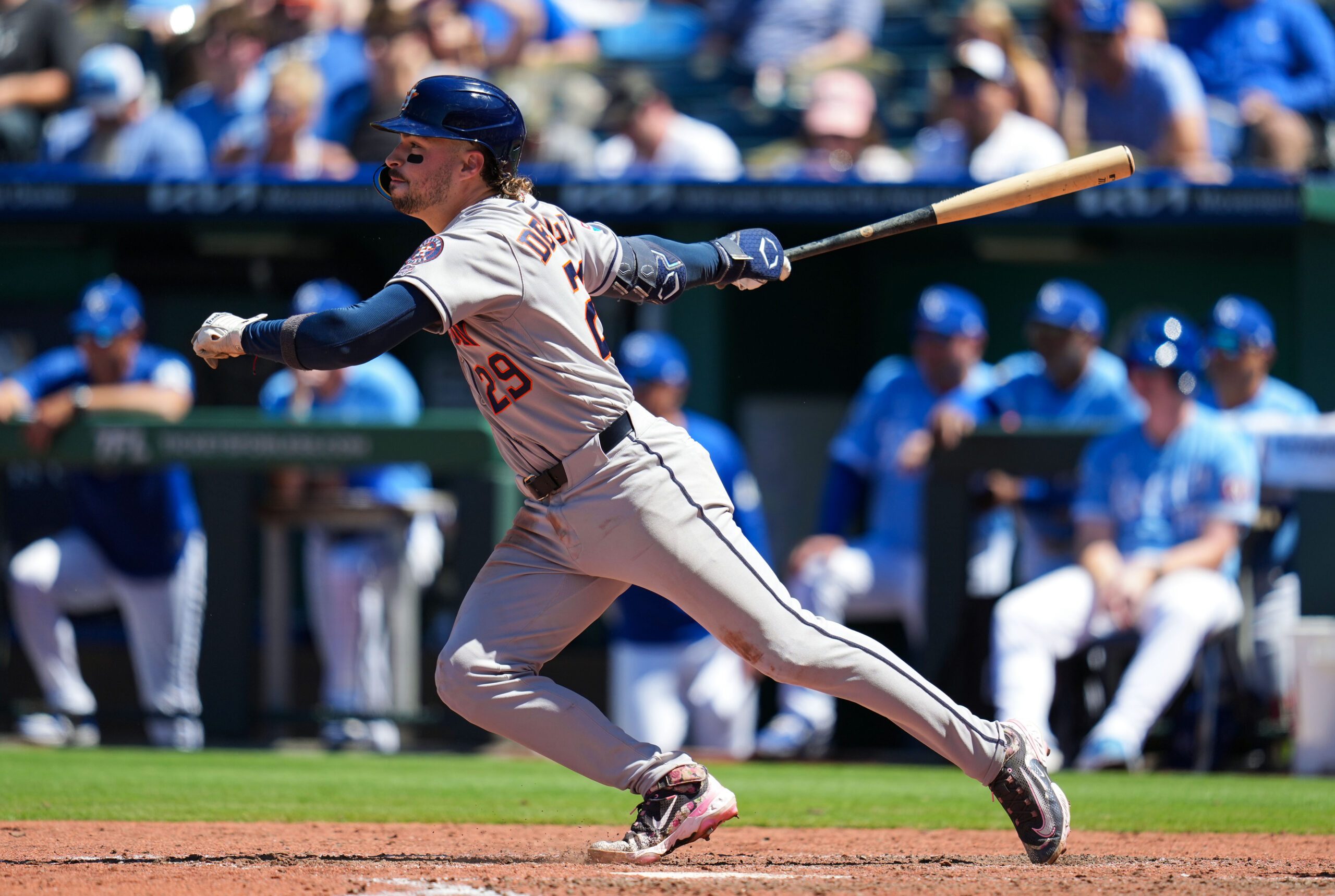 Jun 14, 2026; Kansas City, Missouri, USA; Houston Astros third baseman Raynel Delgado (29) hits a single for his first MLB hit during the eighth inning against the Kansas City Royals at Kauffman Stadium. Mandatory Credit: Jay Biggerstaff-Imagn Images