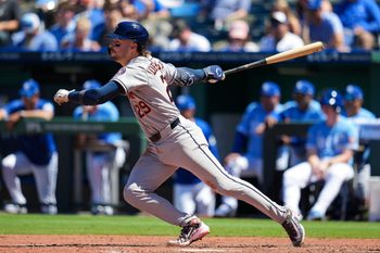 Jun 14, 2026; Kansas City, Missouri, USA; Houston Astros third baseman Raynel Delgado (29) hits a single for his first MLB hit during the eighth inning against the Kansas City Royals at Kauffman Stadium. Mandatory Credit: Jay Biggerstaff-Imagn Images