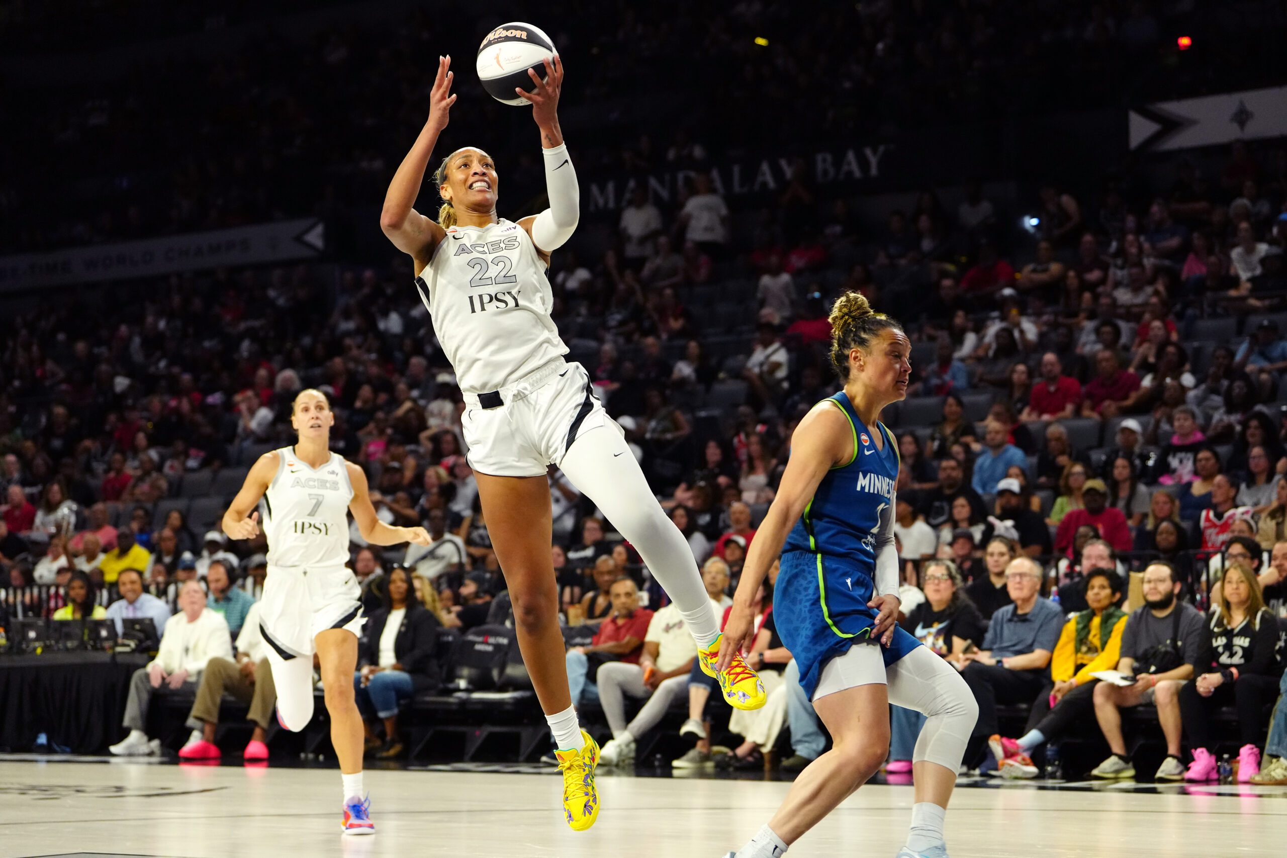Jun 13, 2026; Las Vegas, Nevada, USA; Las Vegas Aces center A'ja Wilson (22) shoots against the Minnesota Lynx during the fourth quarter at Michelob Ultra Arena. Mandatory Credit: Stephen R. Sylvanie-Imagn Images