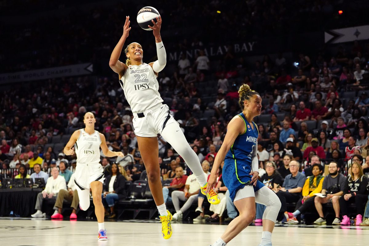 Jun 13, 2026; Las Vegas, Nevada, USA; Las Vegas Aces center A'ja Wilson (22) shoots against the Minnesota Lynx during the fourth quarter at Michelob Ultra Arena. Mandatory Credit: Stephen R. Sylvanie-Imagn Images
