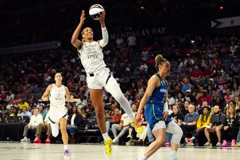 Jun 13, 2026; Las Vegas, Nevada, USA; Las Vegas Aces center A'ja Wilson (22) shoots against the Minnesota Lynx during the fourth quarter at Michelob Ultra Arena. Mandatory Credit: Stephen R. Sylvanie-Imagn Images