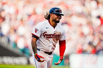 Cleveland Guardians shortstop Gabriel Arias reacts to his home run during the home opener against the Chicago Cubs on April 4, 2026, in Cleveland.