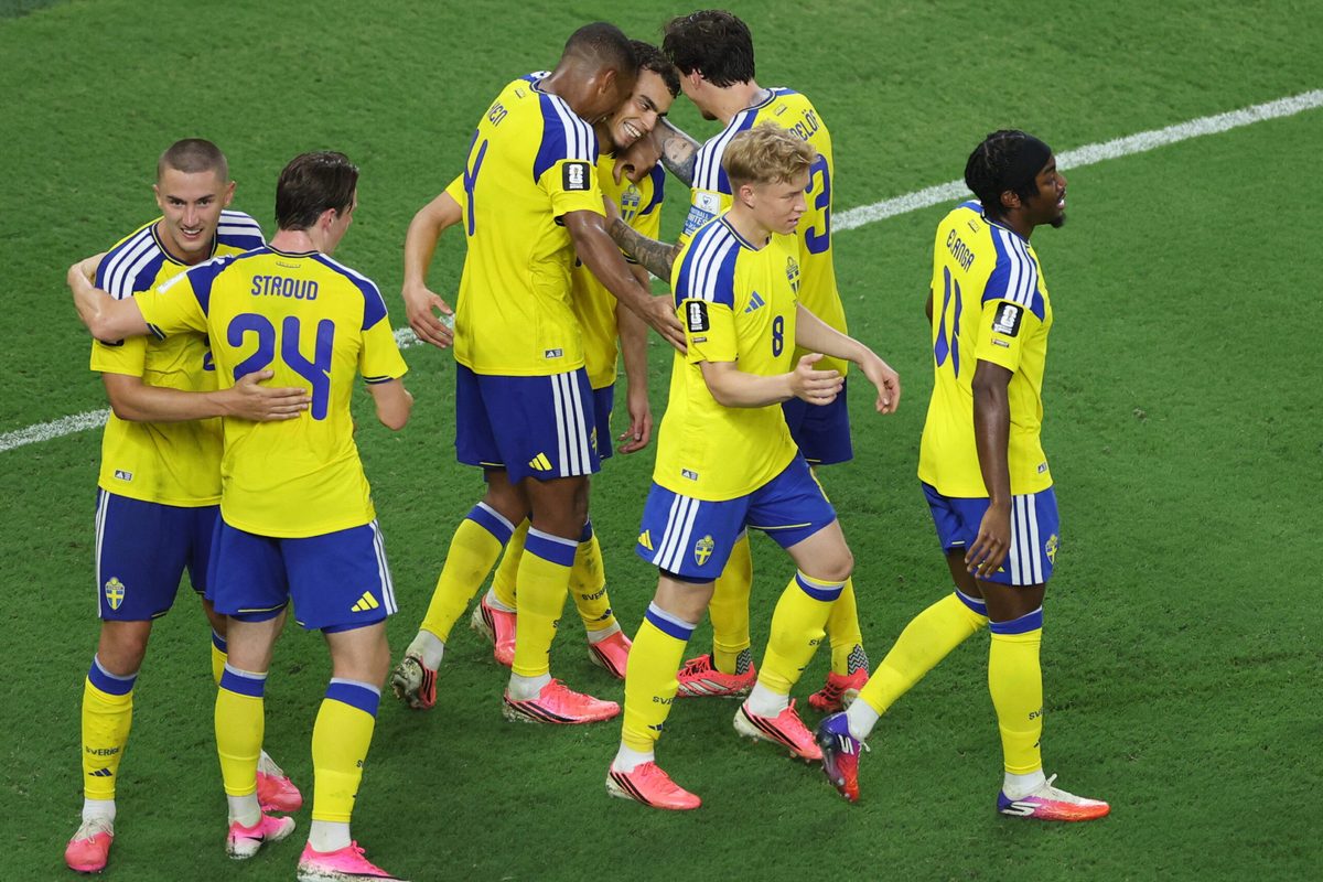 June 14, 2026; Monterrey, Mexico; Sweden's Yasin Ayari celebrates scoring their fifth goal with teammates.  Mandatory Credit: Raquel Cunha-Reuters via Imagn Images