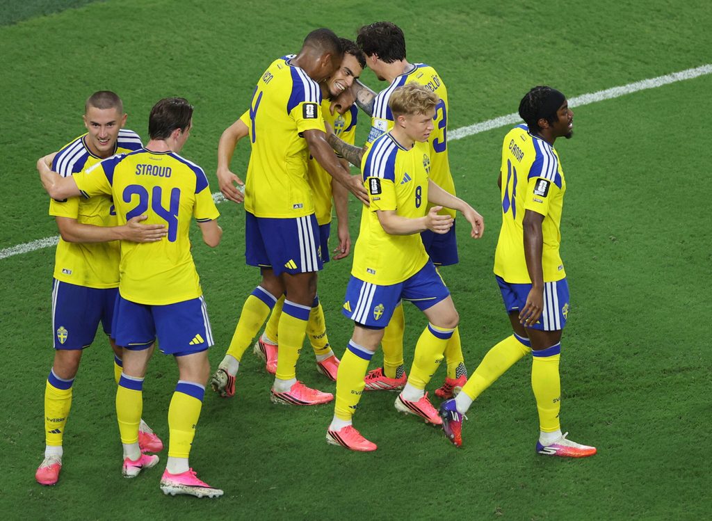 June 14, 2026; Monterrey, Mexico; Sweden's Yasin Ayari celebrates scoring their fifth goal with teammates. Mandatory Credit: Raquel Cunha-Reuters via Imagn Images
