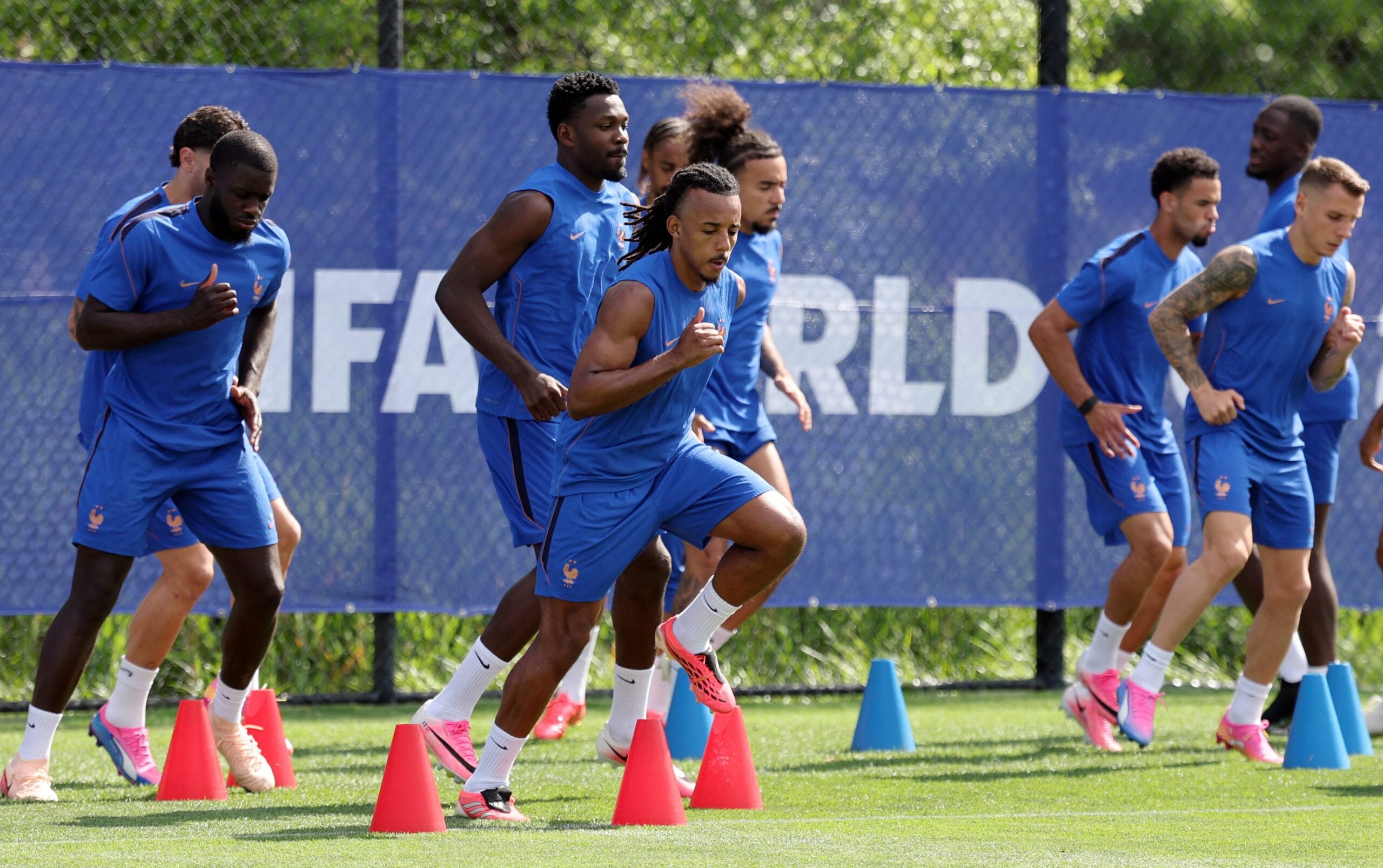 June 15, 2026; East Hannover, New Jersey, U.S.; France's Dayot Upamecano and Jules Kounde during training.  Mandatory Credit: Vincent Carchietta-Imagn Images