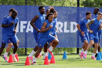 June 15, 2026; East Hannover, New Jersey, U.S.; France's Dayot Upamecano and Jules Kounde during training.  Mandatory Credit: Vincent Carchietta-Imagn Images