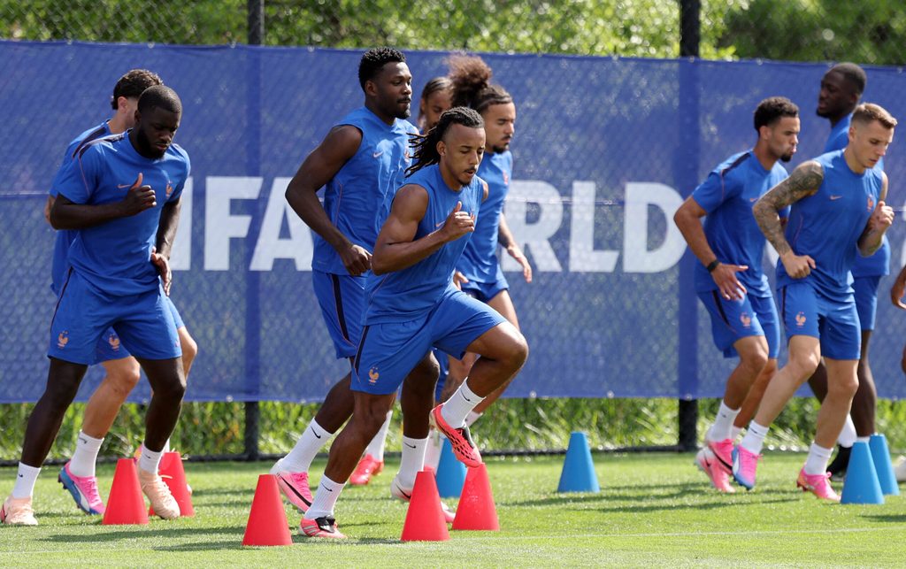June 15, 2026; East Hannover, New Jersey, U.S.; France's Dayot Upamecano and Jules Kounde during training. Mandatory Credit: Vincent Carchietta-Imagn Images