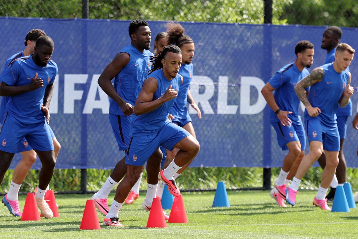 June 15, 2026; East Hannover, New Jersey, U.S.; France's Dayot Upamecano and Jules Kounde during training. Mandatory Credit: Vincent Carchietta-Imagn Images