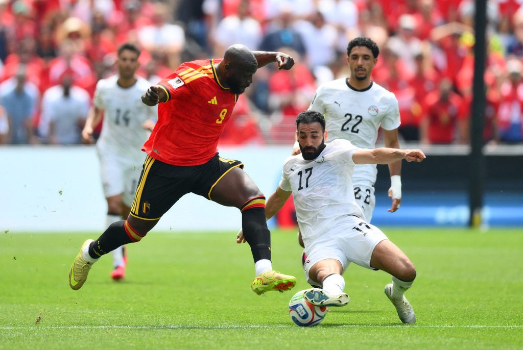 June 15, 2026; Seattle, Washington, U.S.; Belgium's Romelu Lukaku in action with Egypt's Mohanad Lashin. Mandatory Credit: Steven Bisig-Imagn Images