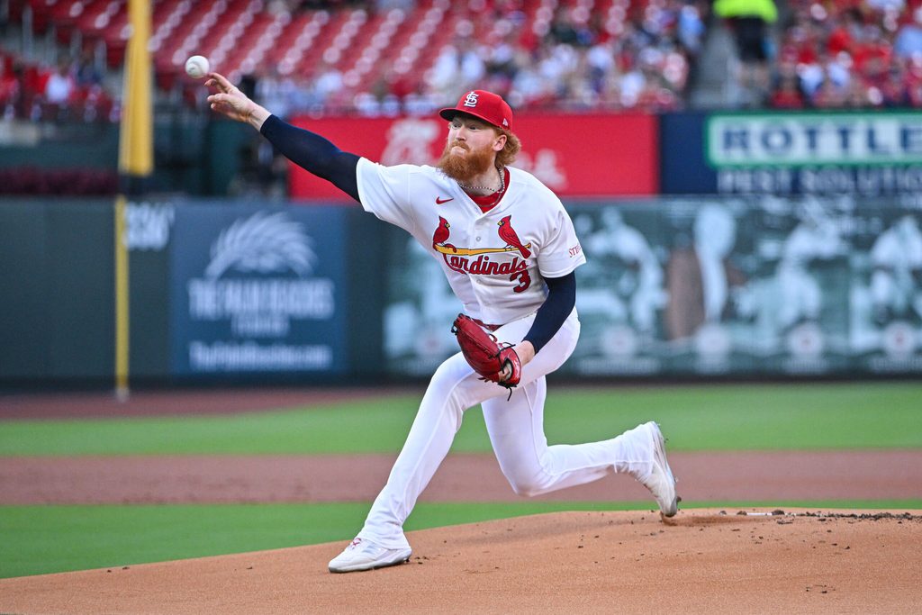 Jun 15, 2026; St. Louis, Missouri, USA; St. Louis Cardinals starting pitcher Dustin May (3) pitches against the San Diego Padres during the first inning at Busch Stadium. Mandatory Credit: Jeff Curry-Imagn Images