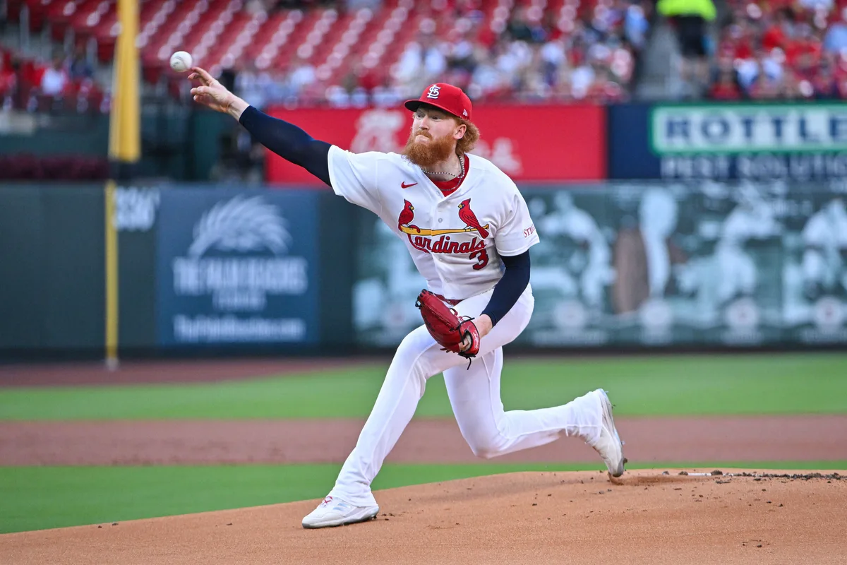 Jun 15, 2026; St. Louis, Missouri, USA; St. Louis Cardinals starting pitcher Dustin May (3) pitches against the San Diego Padres during the first inning at Busch Stadium. Mandatory Credit: Jeff Curry-Imagn Images