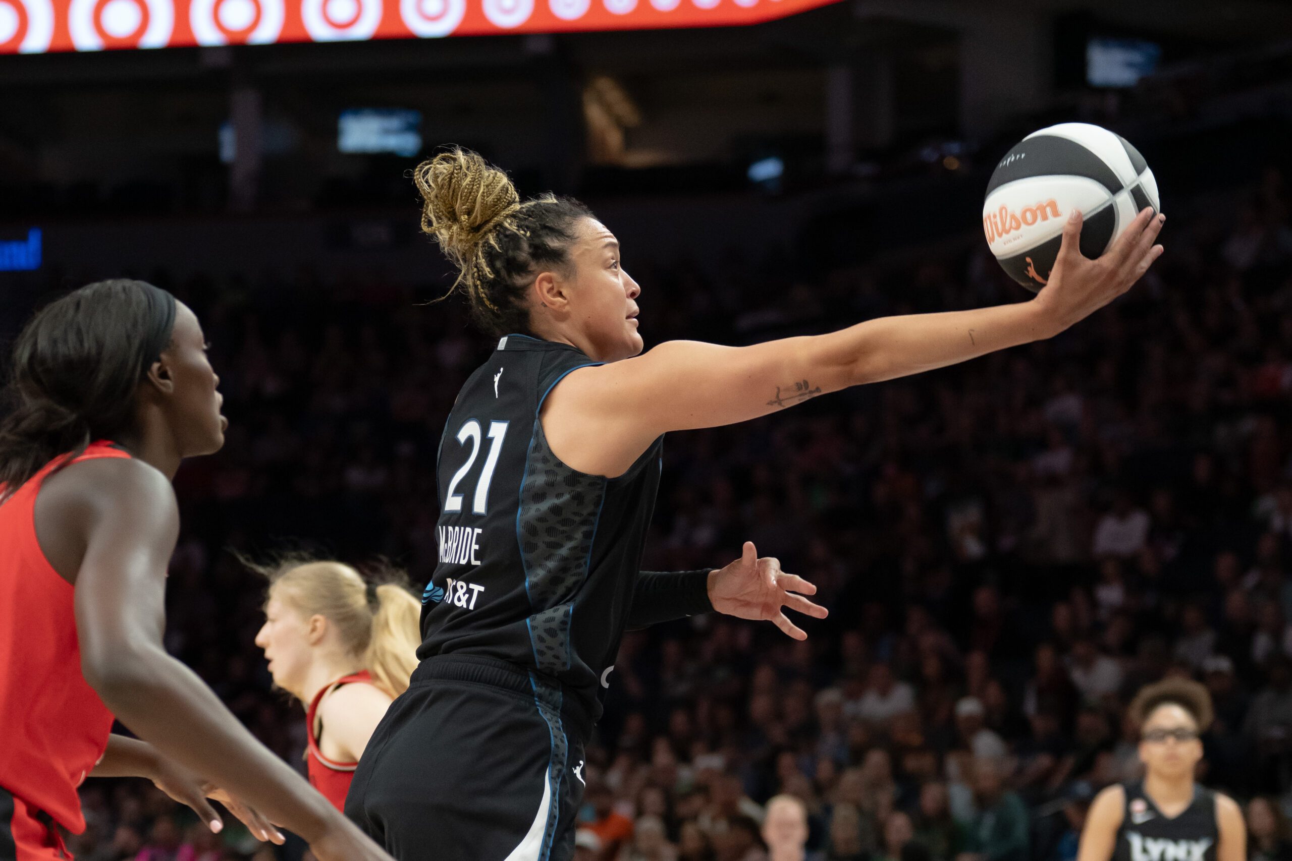 Jun 15, 2026; Minneapolis, Minnesota, USA; Minnesota Lynx guard Kayla McBride (21) drives to the basket against the Portland Fire in the first half at Target Center. Mandatory Credit: Jesse Johnson-Imagn Images