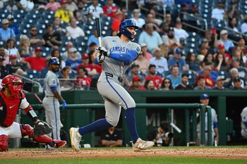Jun 15, 2026; Washington, District of Columbia, USA; Kansas City Royals right fielder Jac Caglianone (14) doubles against the Washington Nationals during the fifth inning at Nationals Park. Mandatory Credit: Brad Mills-Imagn Images