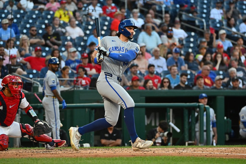 Jun 15, 2026; Washington, District of Columbia, USA; Kansas City Royals right fielder Jac Caglianone (14) doubles against the Washington Nationals during the fifth inning at Nationals Park. Mandatory Credit: Brad Mills-Imagn Images