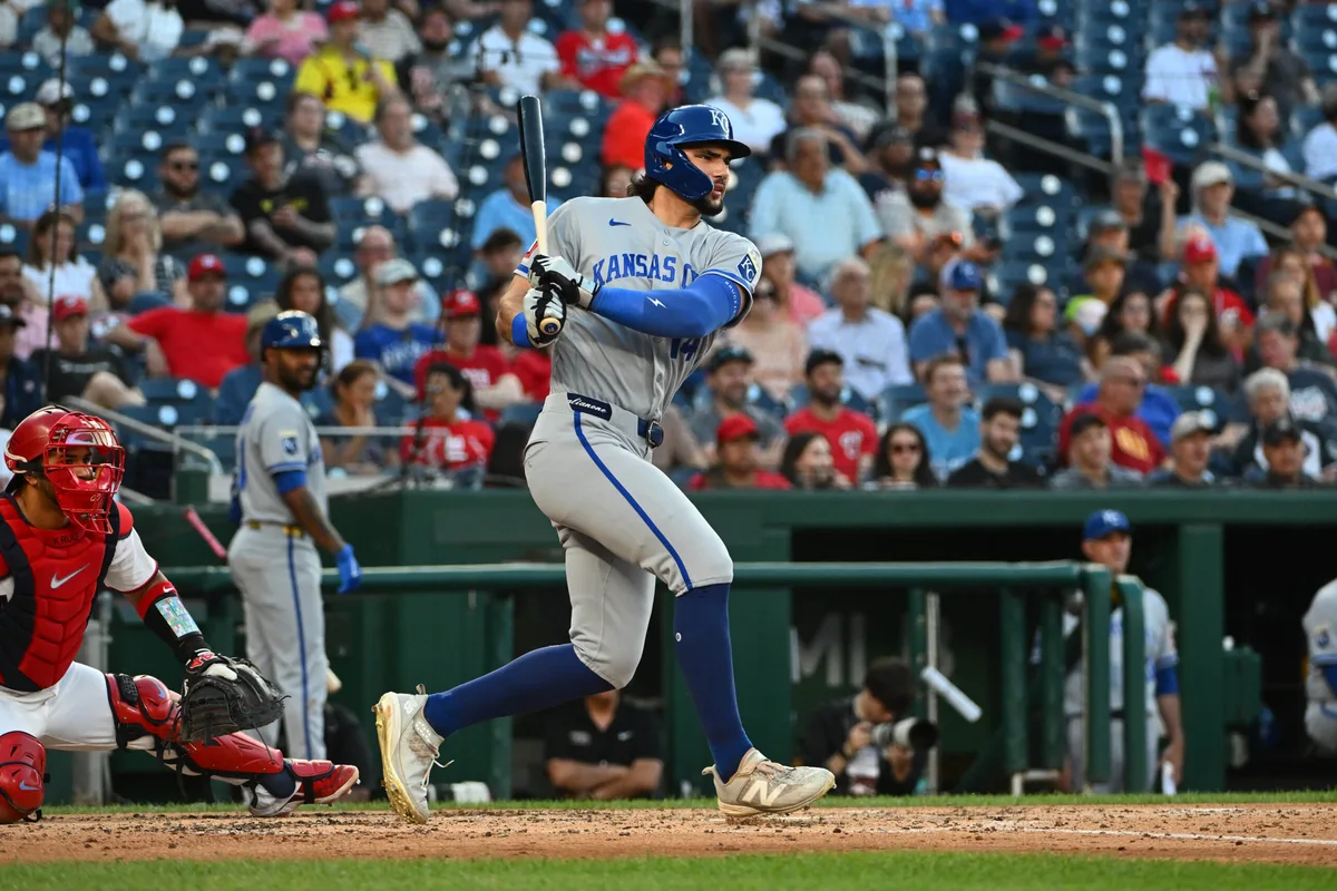 Jun 15, 2026; Washington, District of Columbia, USA; Kansas City Royals right fielder Jac Caglianone (14) doubles against the Washington Nationals during the fifth inning at Nationals Park. Mandatory Credit: Brad Mills-Imagn Images