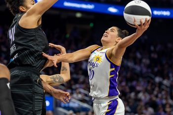 Jun 15, 2026; San Francisco, California, USA; Angeles Sparks guard Kelsey Plum (10) puts up a shot during the second quarter against the Golden State Valkyries in a Commissioner’s Cup game at Chase Center. Mandatory Credit: Robert Kupbens-Imagn Images