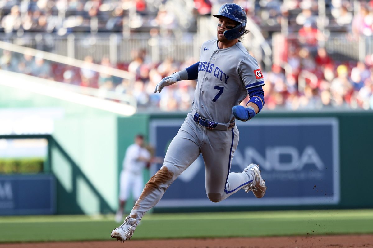 Jun 16, 2026; Washington, District of Columbia, USA; Kansas City Royals shortstop Bobby Witt Jr. (7) advances to third during the first inning against the Washington Nationals at Nationals Park. Mandatory Credit: Daniel Kucin Jr.-Imagn Images