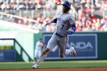 Jun 16, 2026; Washington, District of Columbia, USA; Kansas City Royals shortstop Bobby Witt Jr. (7) advances to third during the first inning against the Washington Nationals at Nationals Park. Mandatory Credit: Daniel Kucin Jr.-Imagn Images