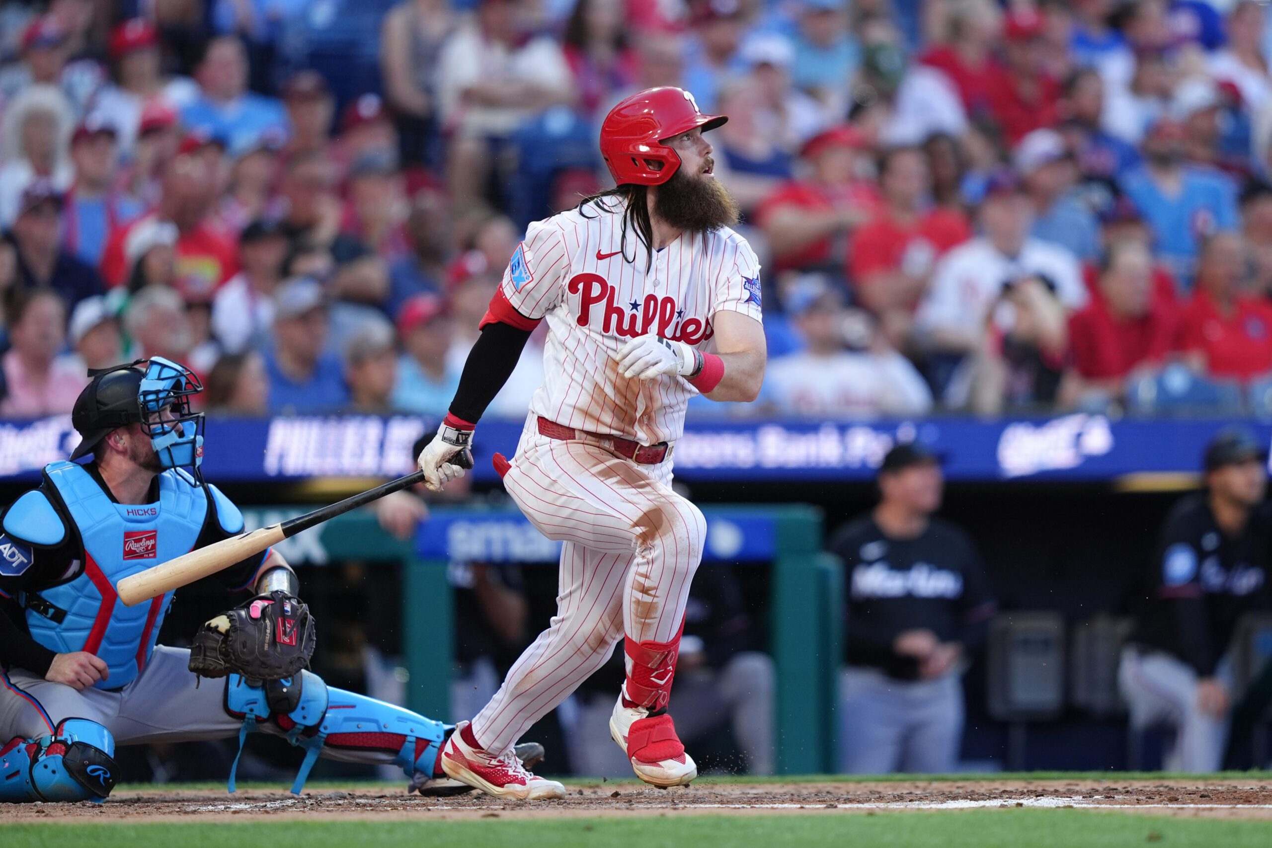 Jun 16, 2026; Philadelphia, Pennsylvania, USA; Philadelphia Phillies outfielder Brandon Marsh (16) hits a two-run home run against the Miami Marlins in the second inning at Citizens Bank Park. Mandatory Credit: Kyle Ross-Imagn Images