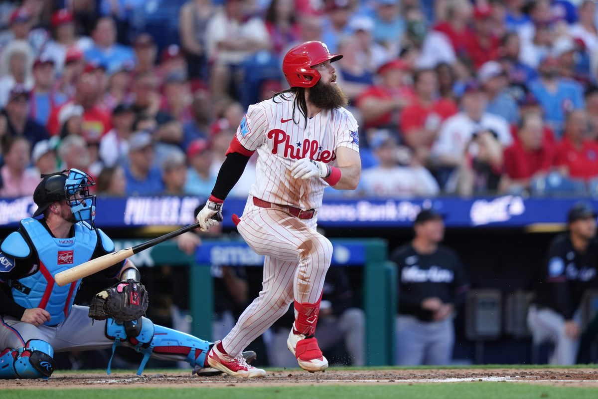 Jun 16, 2026; Philadelphia, Pennsylvania, USA; Philadelphia Phillies outfielder Brandon Marsh (16) hits a two-run home run against the Miami Marlins in the second inning at Citizens Bank Park. Mandatory Credit: Kyle Ross-Imagn Images
